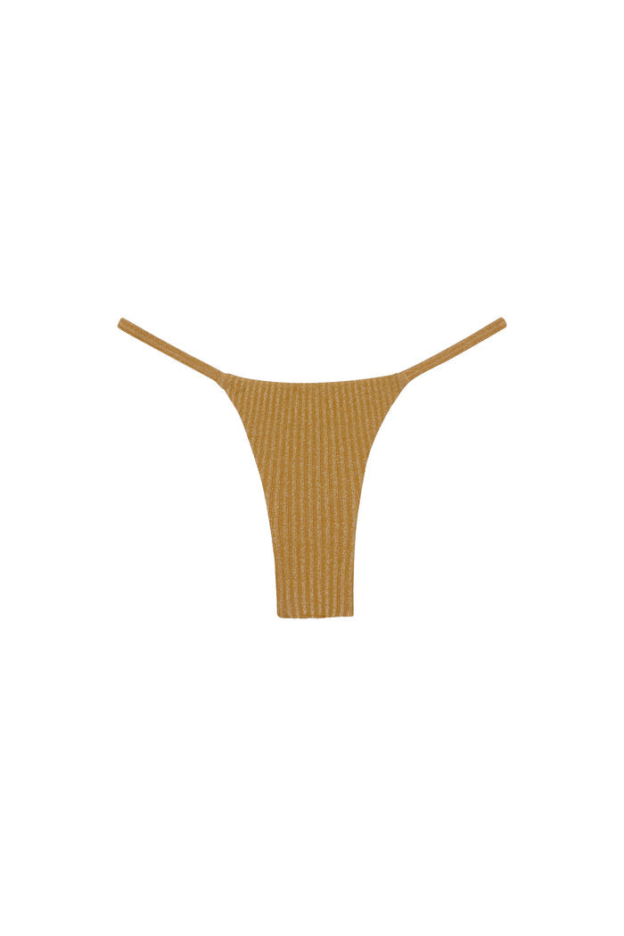 Front view of Barbados bottom in Antique Gold Lurex Rib showing high-cut thong silhouette and ribbed lurex texture on white background