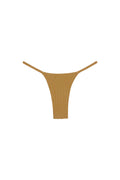 Front view of Barbados bottom in Antique Gold Lurex Rib showing high-cut thong silhouette and ribbed lurex texture on white background