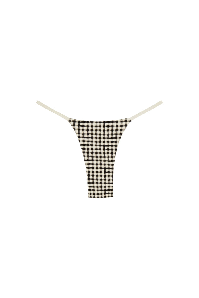 Front view of Barbados Bottom black gingham with high-cut leg, thin side straps and minimal coverage on white background