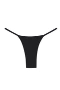 Black women's minimal-coverage thong bikini bottom with thin side straps on white background.