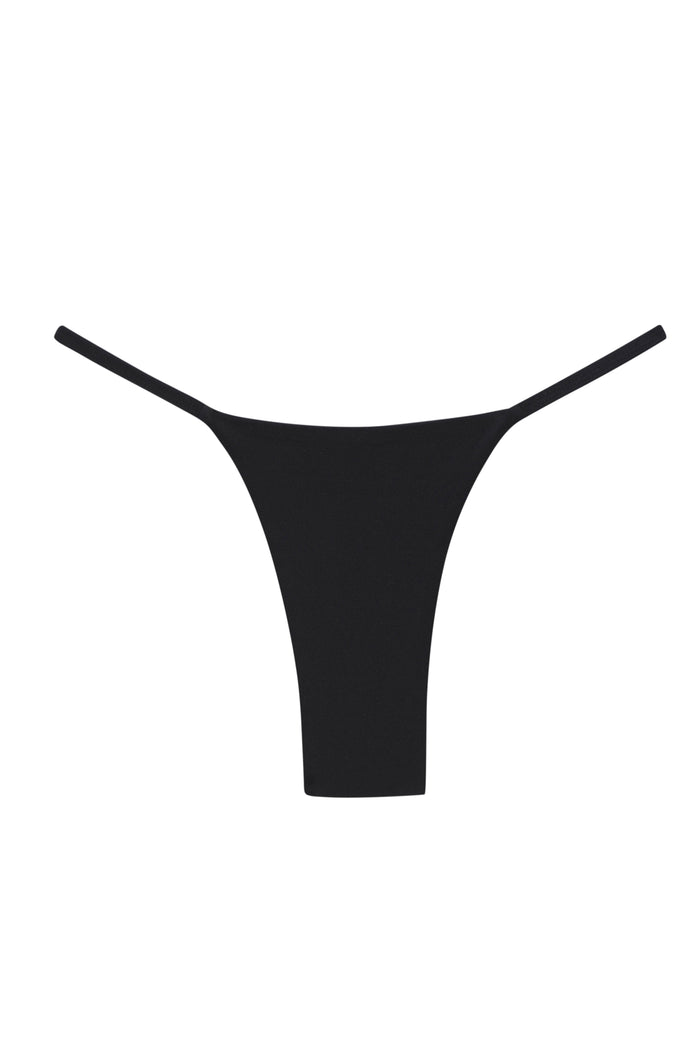 Black women's minimal-coverage thong bikini bottom with thin side straps on white background.
