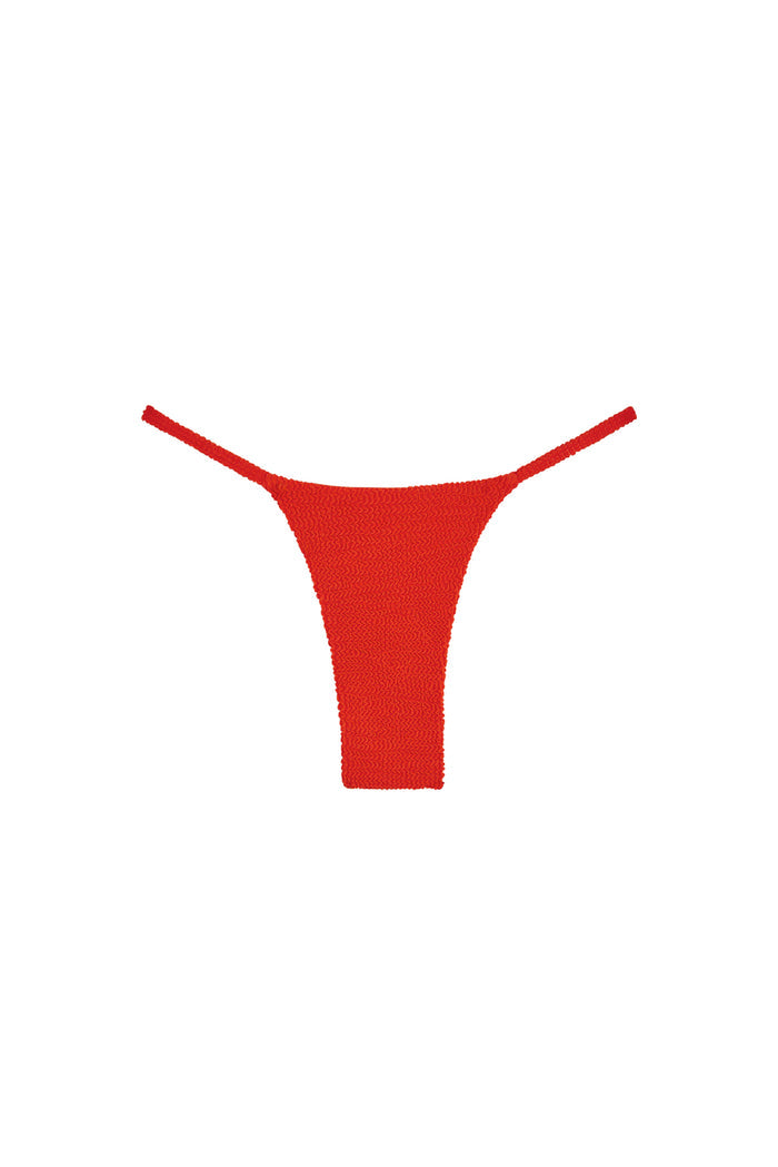 Front view of Barbados Bottom in Chili Pepper crinkle showing thin side straps, high-cut leg, and crinkle texture on white background