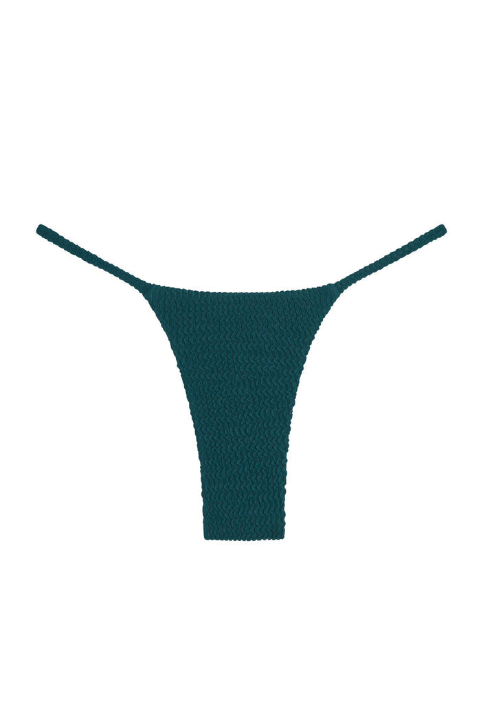 Front view of Barbados Bottom in evergreen crinkle showing high-cut thong silhouette and textured fabric on white background