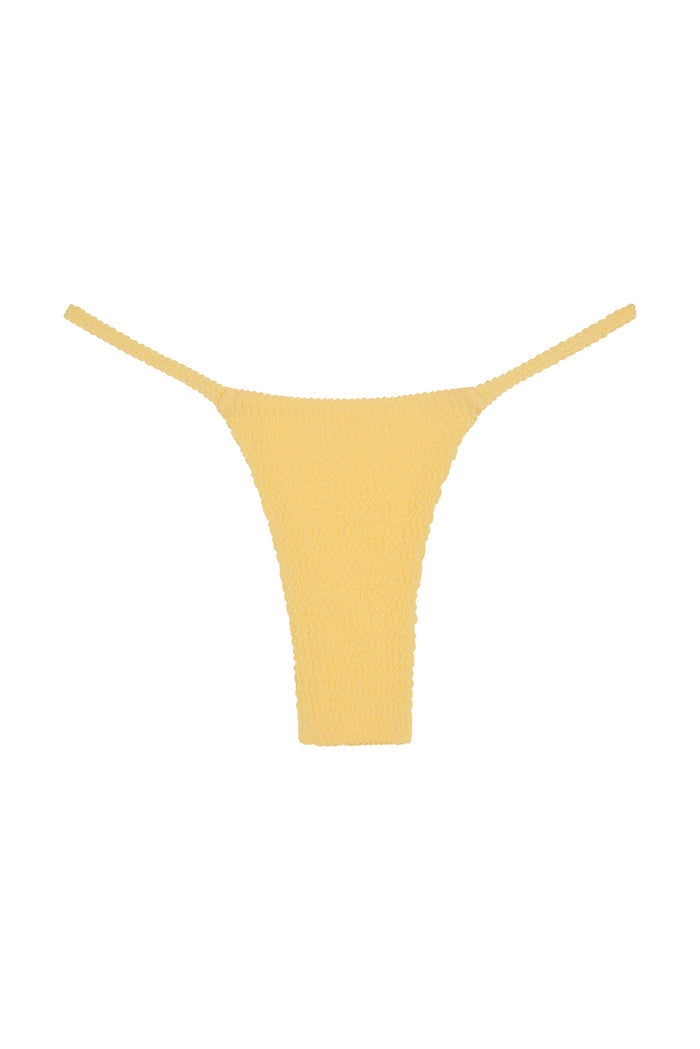 Yellow textured bikini thong bottom with thin side straps on white background