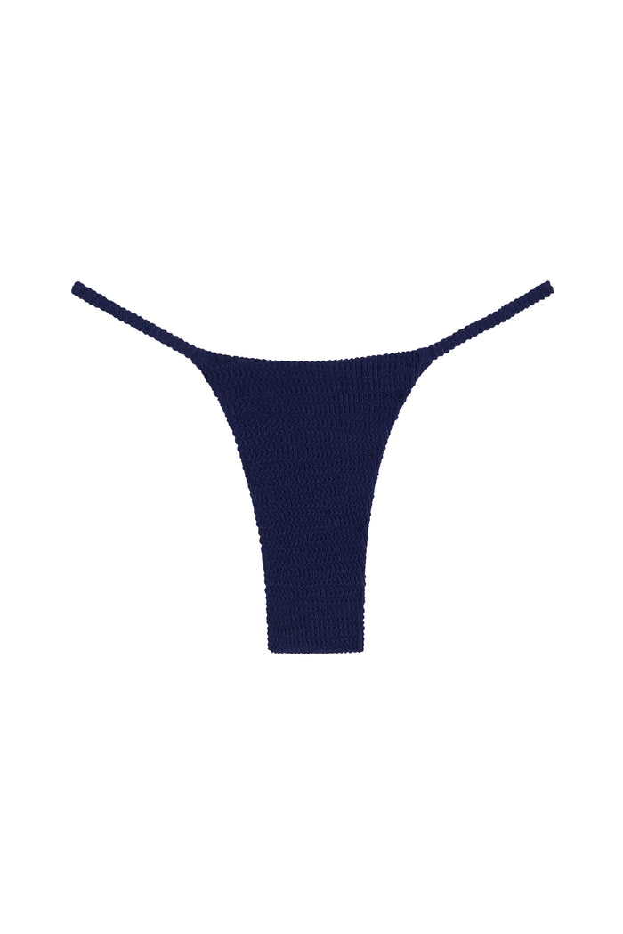 Front close-up of Barbados Bottom in Midnight Crinkle, high-cut thong with crinkle texture and narrow side straps on white