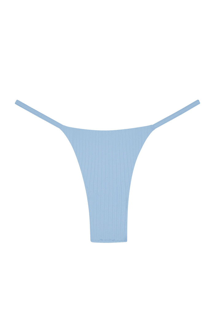 Front view of Barbados Bottom bikini in sky rib showing thin side straps, high-cut leg and ribbed texture on white background