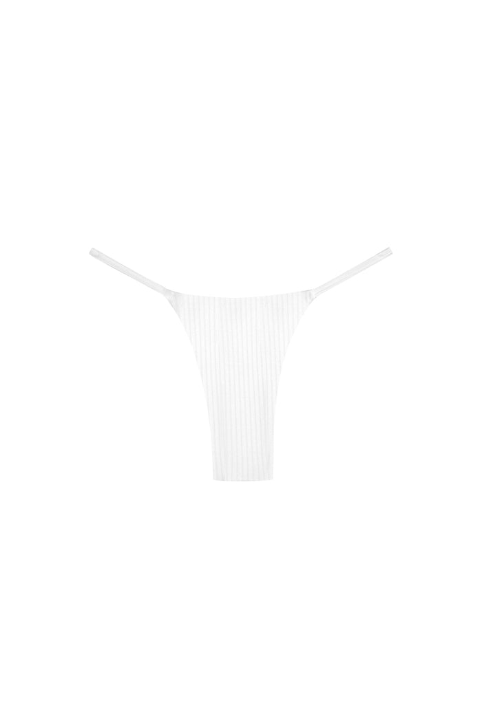 Front view of Barbados Bottom in White Rib showing thin side straps, minimal coverage and vertical ribbed texture on white background