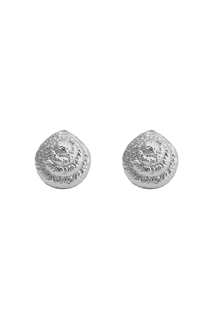 Pair of textured silver spiral stud earrings on white background