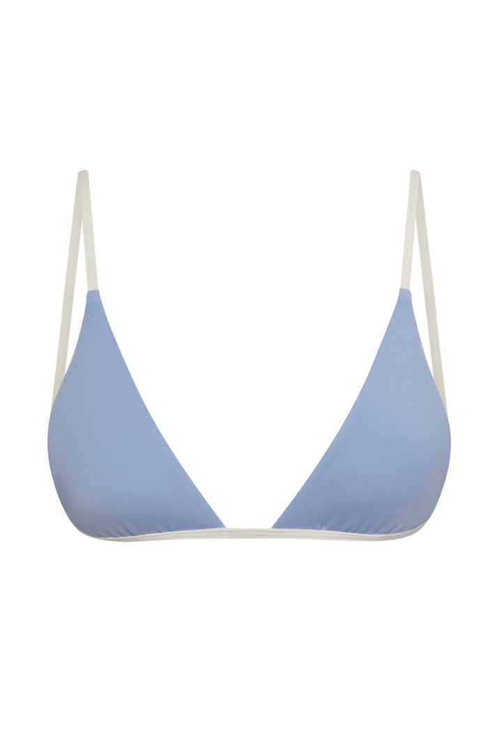Light blue triangle bikini top with thin white straps and elastic underband on white background