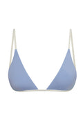Light blue triangle bikini top with thin white straps and elastic underband on white background