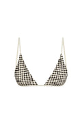 Front close-up of Barbados Top in black gingham, tall triangle cups and thin cream straps with gold sliders on white