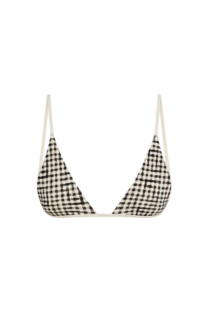Front close-up of Barbados Top in black gingham, tall triangle cups and thin cream straps with gold sliders on white