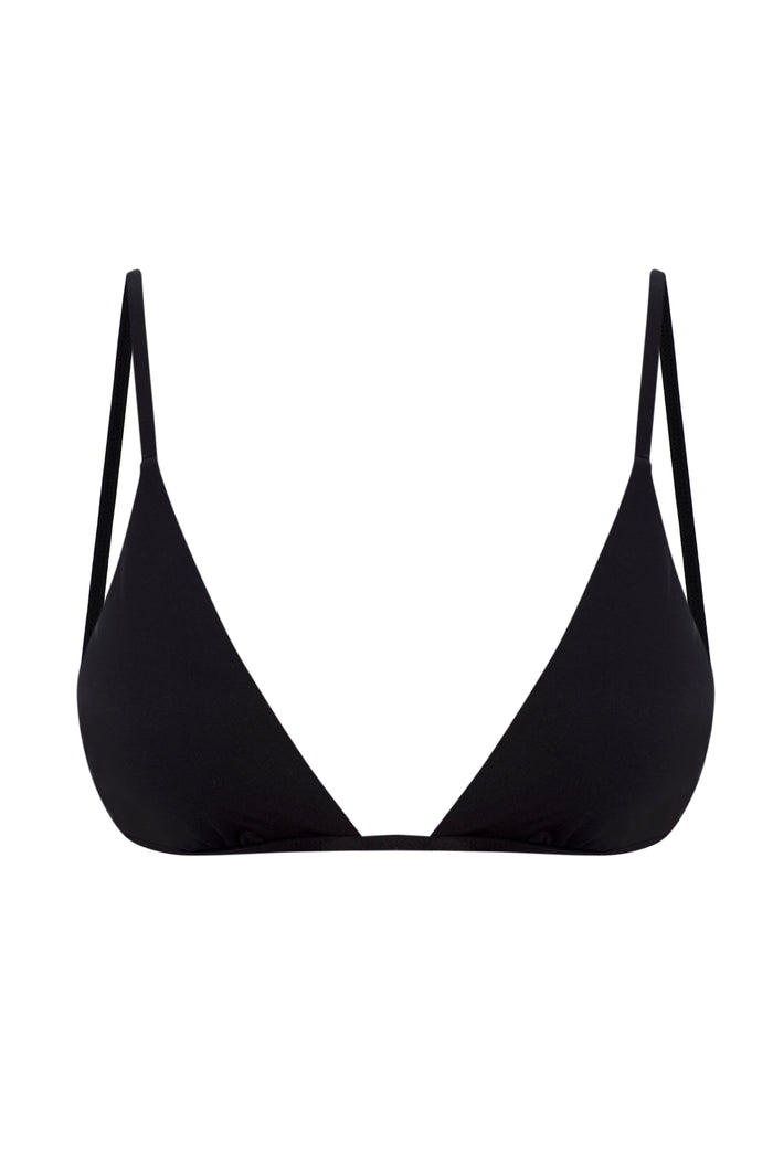 Black triangle bralette with thin adjustable straps on white background