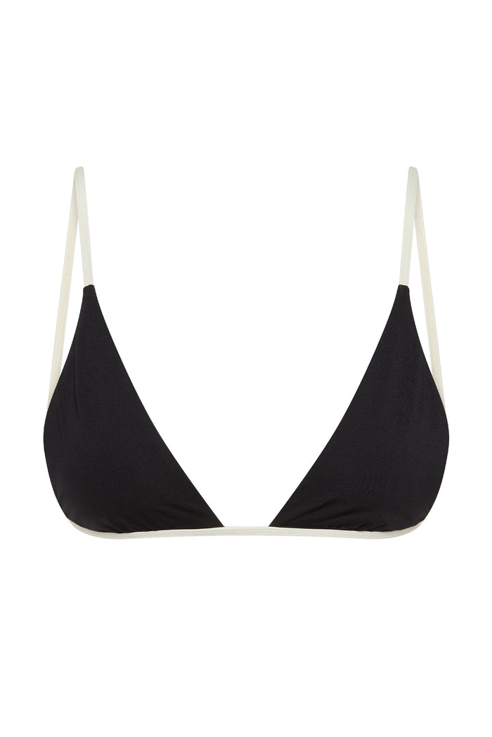Front view of Barbados Top in black and ivory showing triangle cups, thin ivory straps, and contrast trim on white background