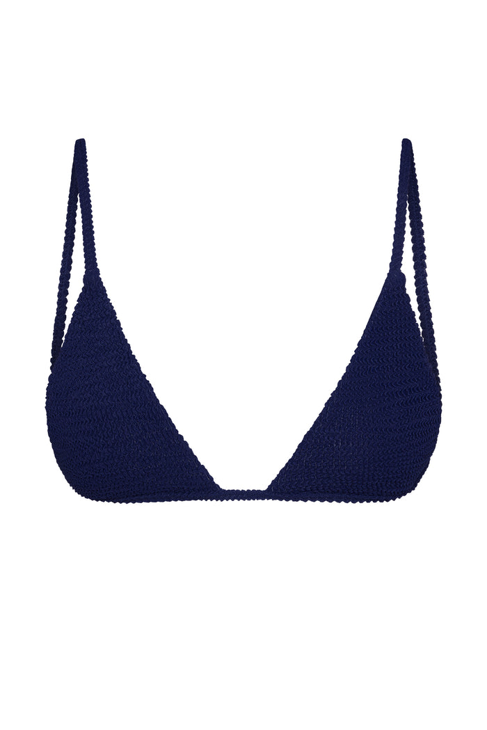 Navy textured crochet triangle bikini top with thin double shoulder straps on white background.