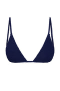 Navy textured crochet triangle bikini top with thin double shoulder straps on white background.