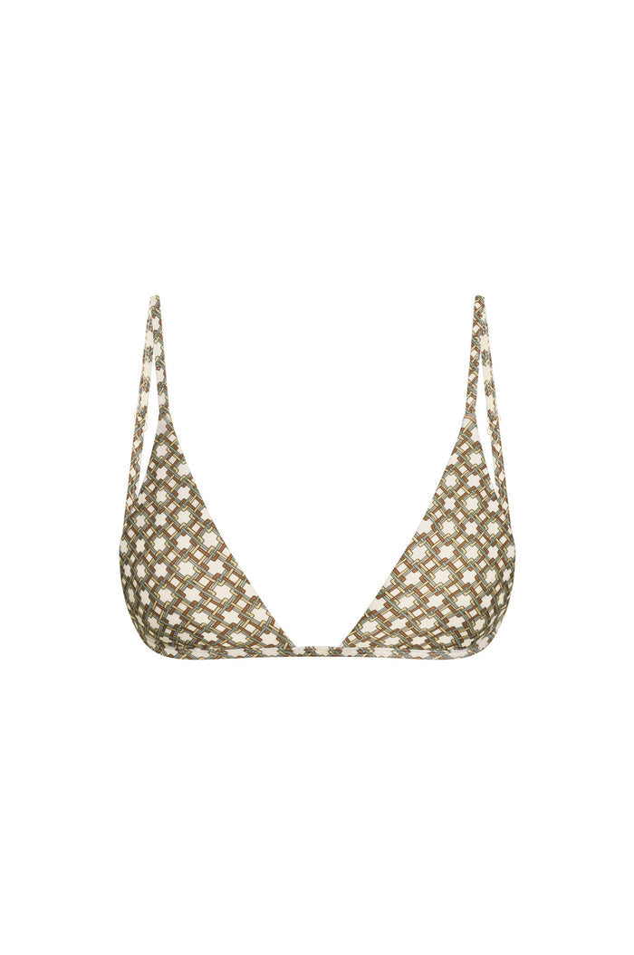Front view of Barbados Top Tile Geo showcasing triangle cups and thin straps with cream geometric tile print on white