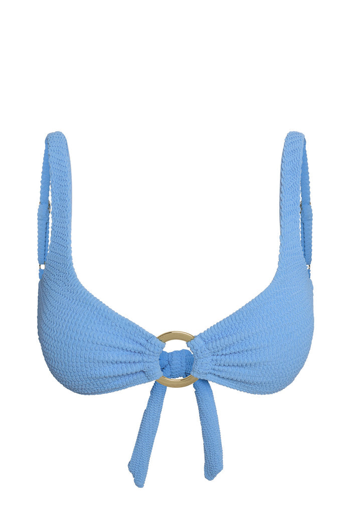 Front view of Barbuda Top in Azure Crinkle showing gold front ring detail and adjustable front tie on white background
