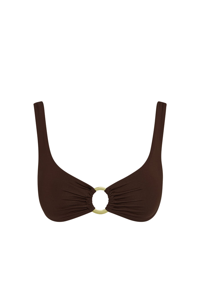 Front view of Barbuda Top in espresso showcasing center gold ring detail and gathered fabric on a white background