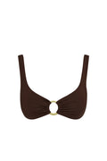 Front view of Barbuda Top in espresso showcasing center gold ring detail and gathered fabric on a white background