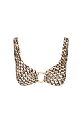 Close-up front of Barbuda Top in Husk Geo showcasing scoop neckline, gold center ring and wide straps on white background
