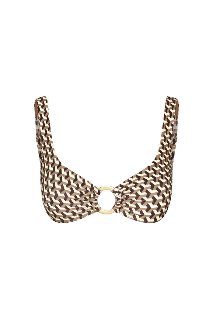 Close-up front of Barbuda Top in Husk Geo showcasing scoop neckline, gold center ring and wide straps on white background
