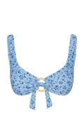 Front of Barbuda Top in Isola Floral with light blue floral, gold center ring and tie on white background
