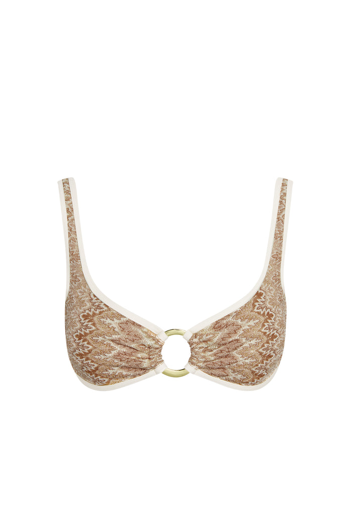 Front view of Barbuda Top Porto Cervo Gold showcasing gold center ring and paisley metallic fabric on white background