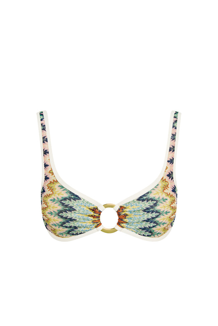 Front view of Barbuda Top in Porto Cervo Multi showcasing multicolor ikat print, gold center ring cutout and white trim on white background