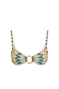 Front view of Barbuda Top in Porto Cervo Multi showcasing multicolor ikat print, gold center ring cutout and white trim on white background