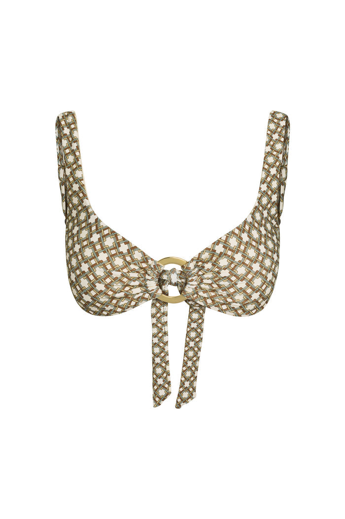 Front of Barbuda Top (Tile Geo) showing wide straps, gold O-ring front tie, and geometric tile print on white background
