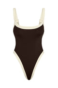 Front view of Barcelona One Piece in espresso with ivory contrast trim, high-cut leg and adjustable straps on white background