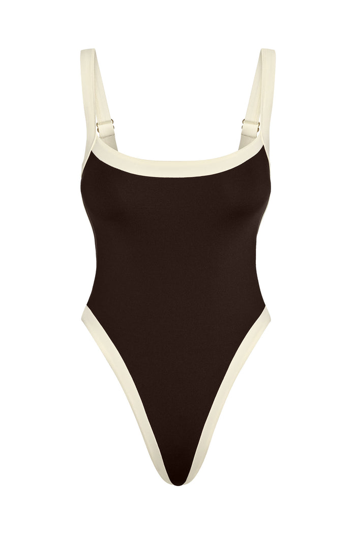 Front view of Barcelona One Piece in espresso with ivory contrast trim, high-cut leg and adjustable straps on white background