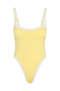 Front of Barcelona One Piece Meyer/Ivory showing yellow body with ivory trim, adjustable shoulder straps, shelf bra and high‑leg cheeky cut on white background