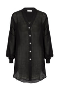 Front view of Barcelona Tunic in black crinkle linen showcasing sheer crinkled texture, V-neck, button-front and balloon sleeves on white background