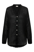 Sheer black linen V-neck button-front long-sleeve shirt with light round buttons and rounded hem; label reads MONDAY.