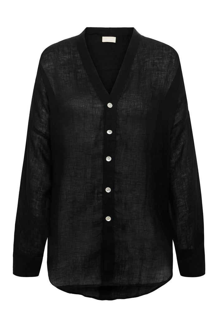 Sheer black linen V-neck button-front long-sleeve shirt with light round buttons and rounded hem; label reads MONDAY.