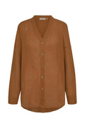 Front view of Barcelona Tunic in Caramel Crinkle Linen showcasing oversized fit, V-neck and seashell buttons on white background