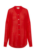 Front view of Barcelona Tunic in Chili Pepper crinkle linen showing sheer oversized fit, seashell buttons, long sleeves, and crinkle texture on white background