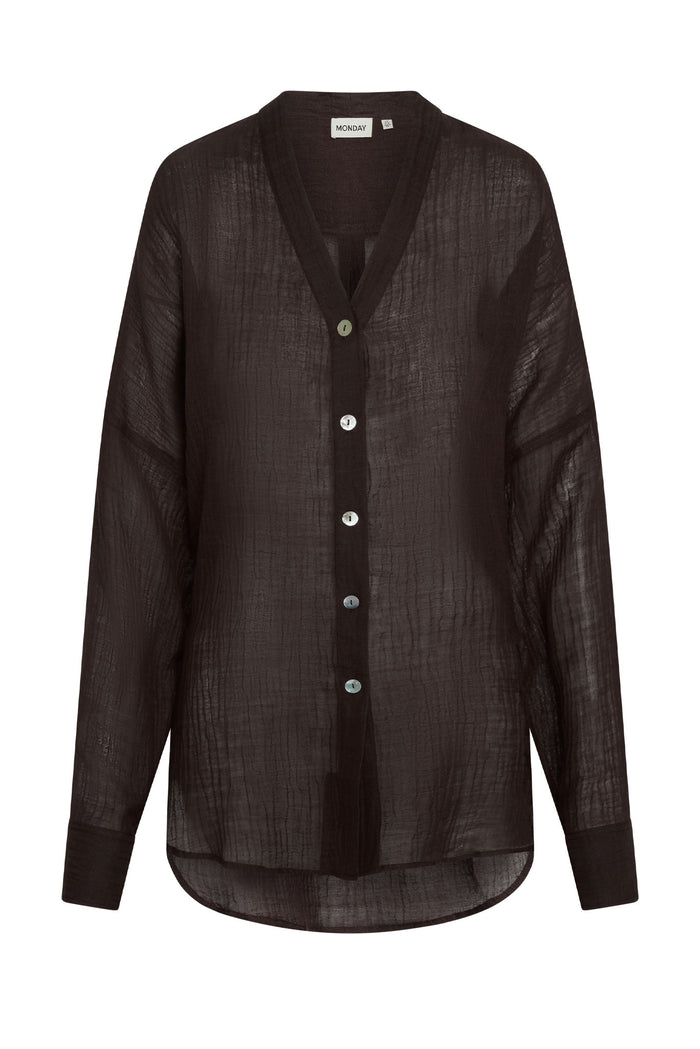 Front view of Barcelona Tunic in espresso crinkle linen, semi-sheer V-neck button-front with long sleeves on white background