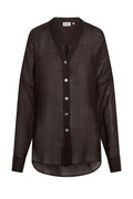 Front view of Barcelona Tunic in espresso crinkle linen, semi-sheer V-neck button-front with long sleeves on white background
