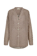 Front view of Barcelona Tunic in Husk Geo crinkle linen, brown geometric print, button front oversized fit on white background
