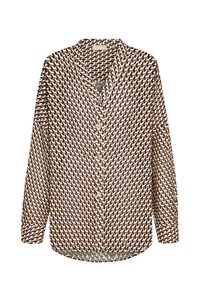 Front view of Barcelona Tunic in Husk Geo crinkle linen, brown geometric print, button front oversized fit on white background
