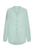 Front view of Barcelona Tunic in light slate crinkle linen showcasing V-neck, button-front and relaxed fit on white background