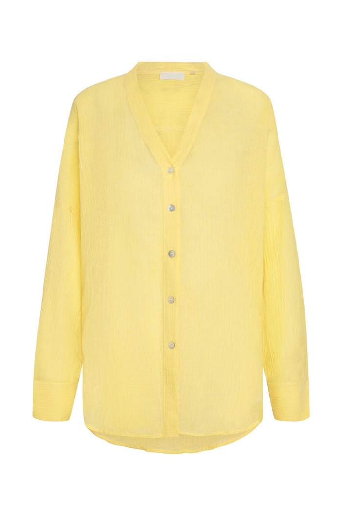 Front view of Barcelona Tunic in Meyer crinkle linen showing oversized fit, seashell buttons, long sleeves on white background