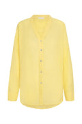 Front view of Barcelona Tunic in Meyer crinkle linen showing oversized fit, seashell buttons, long sleeves on white background