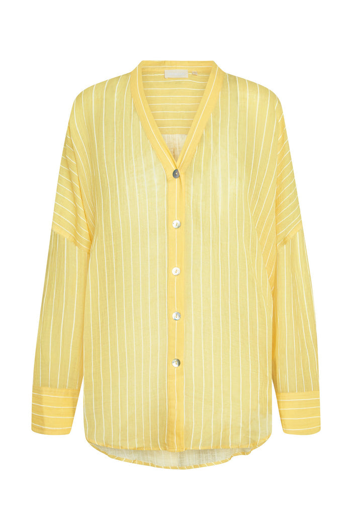 Front view of Barcelona Tunic in Meyer stripe crinkle linen, oversized fit with white stripes and seashell buttons