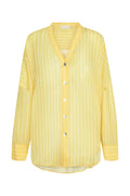 Front view of Barcelona Tunic in Meyer stripe crinkle linen, oversized fit with white stripes and seashell buttons