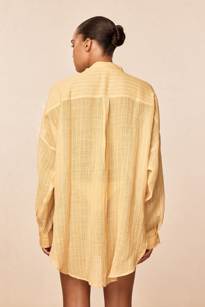 Back view of Barcelona Tunic in Meyer Stripe crinkle linen showing oversized fit, vertical stripe texture and back pleat on a neutral background
