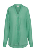 Sheer mint-green long-sleeve V-neck button-front blouse; inside label reads MONDAY